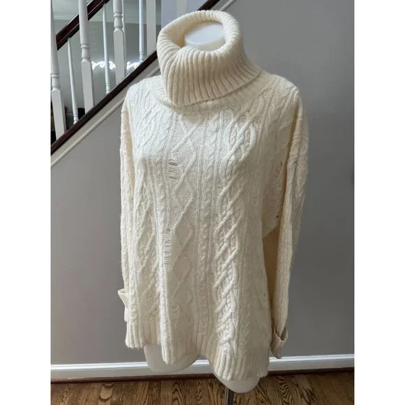 Free People Complex Oversize Cable Knit Distressed Alpaca Cowl Sweater Size S - Picture 3 of 5